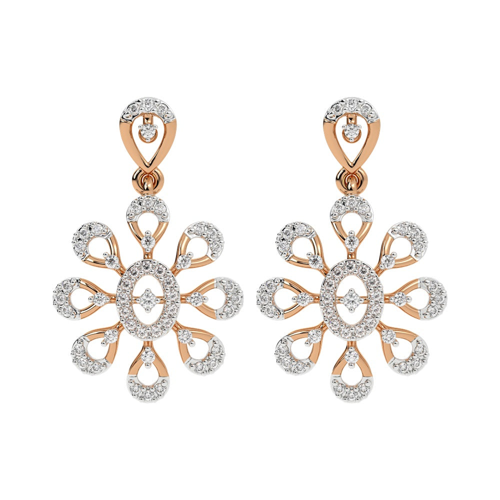 A pair of rose gold earrings with intricate diamond settings, featuring a floral design.