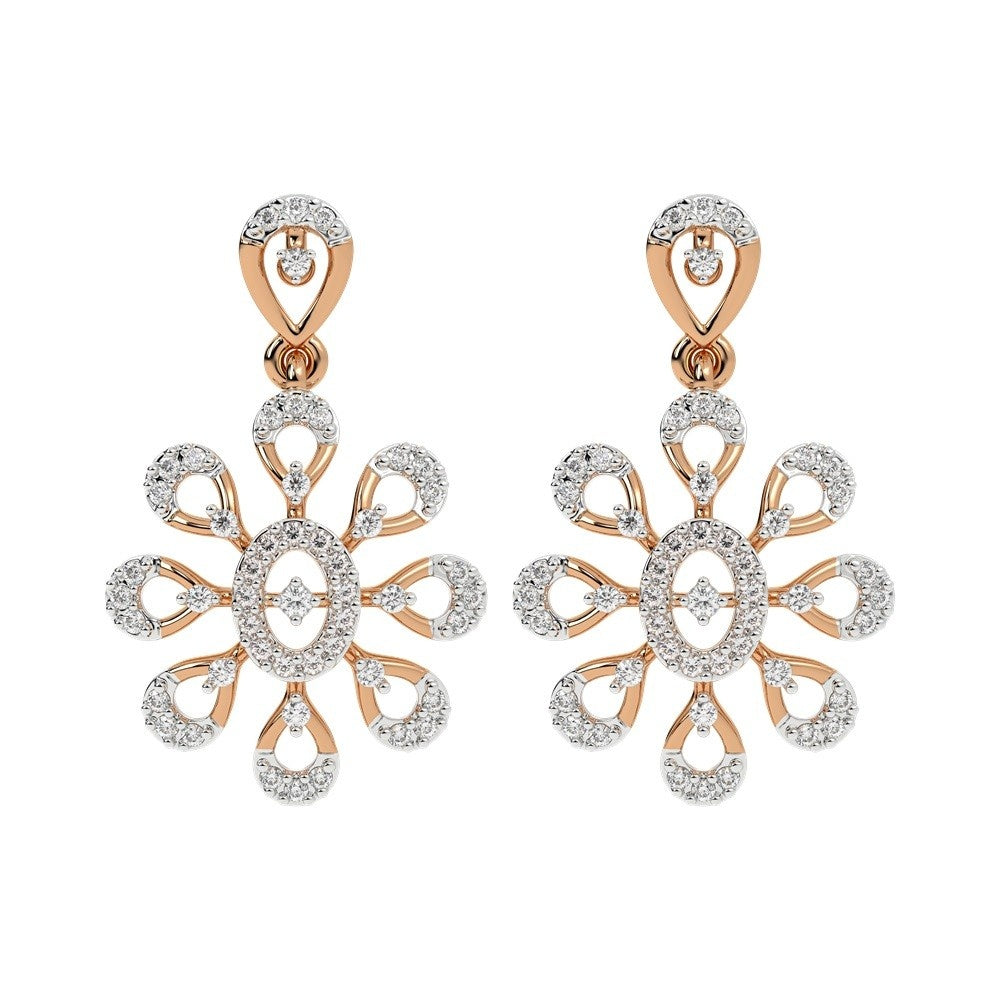 A pair of rose gold earrings with intricate diamond settings, featuring a floral design.