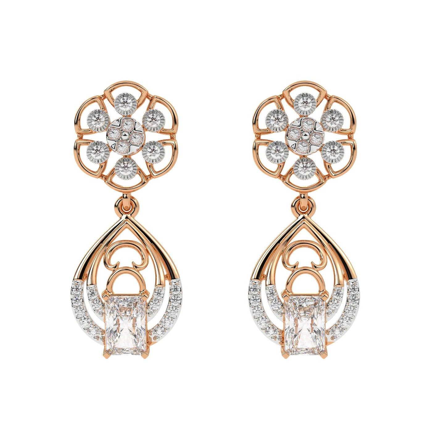 Rose gold and diamond dangler earring with floral-shaped on a white background.