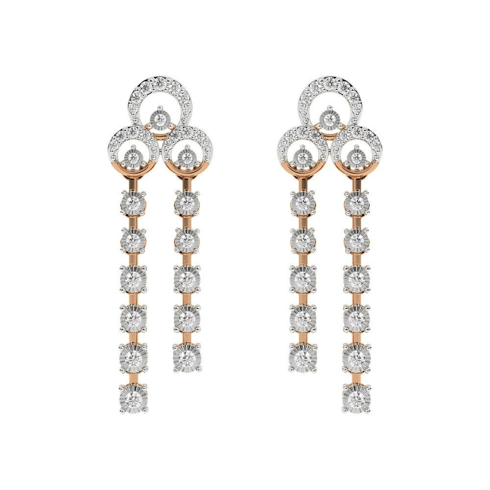 A pair of rose gold earrings with multiple diamond accents along the length of each earring, featuring a timeless design.