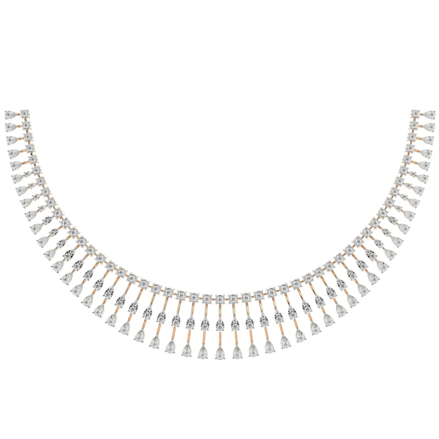 Rose gold and diamond fringe necklace displayed against a plain white background.