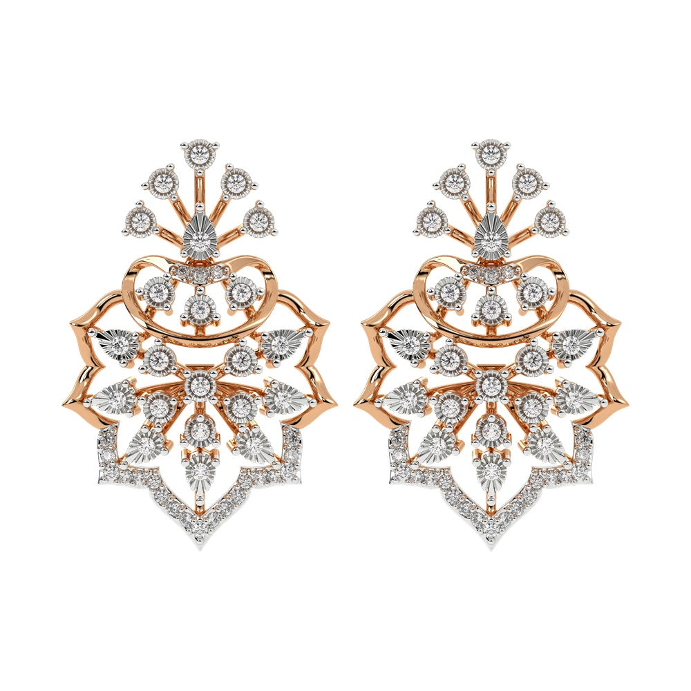 A pair of 14K rose gold earrings with intricate designs and attached diamond accents.