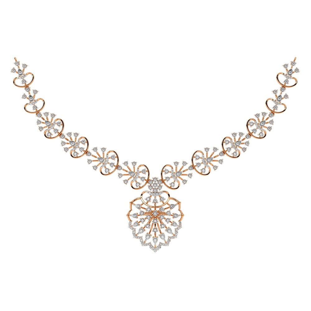 An intricate gold and diamond necklace with a central design