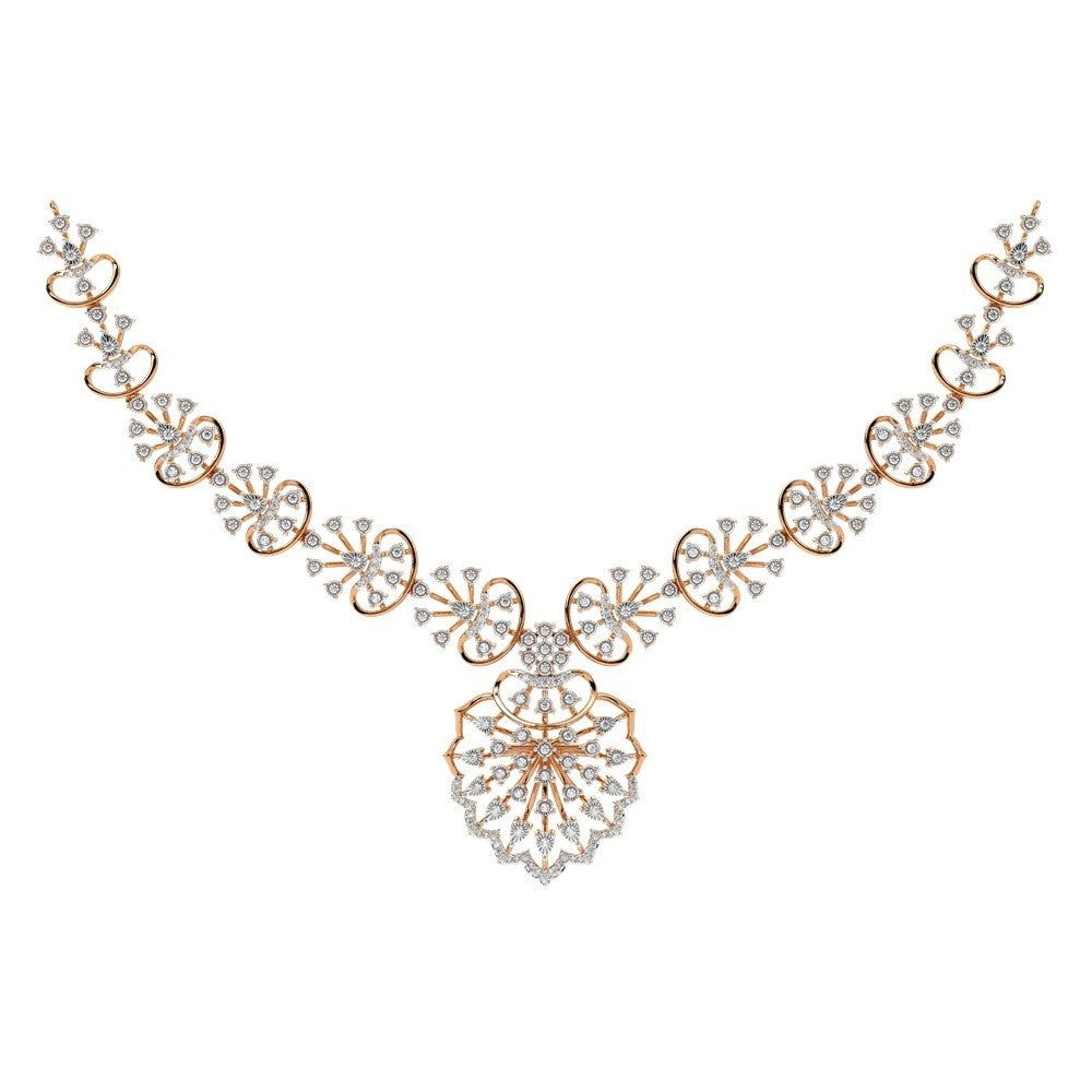 Rose gold and diamond necklace with a floral design, displayed on a clean white background.