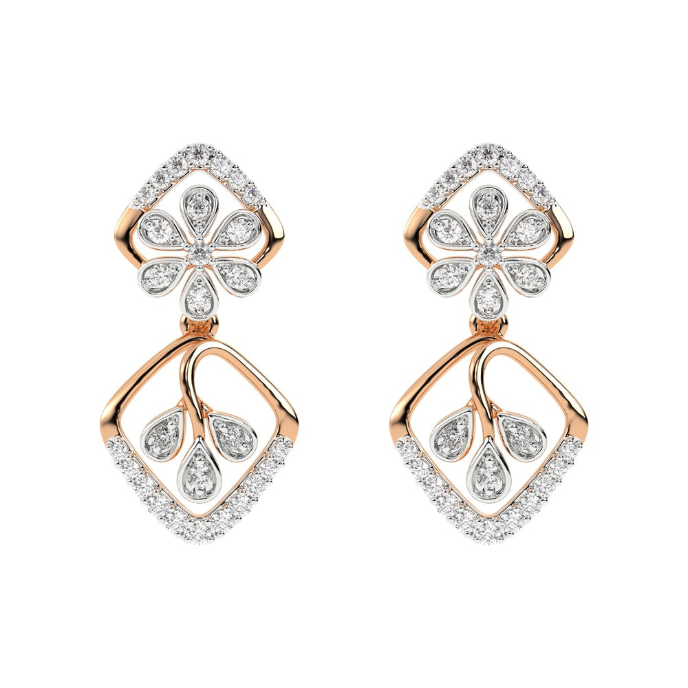 A pair of rose gold earrings with diamond accents, featuring a floral and geometric pattern.
