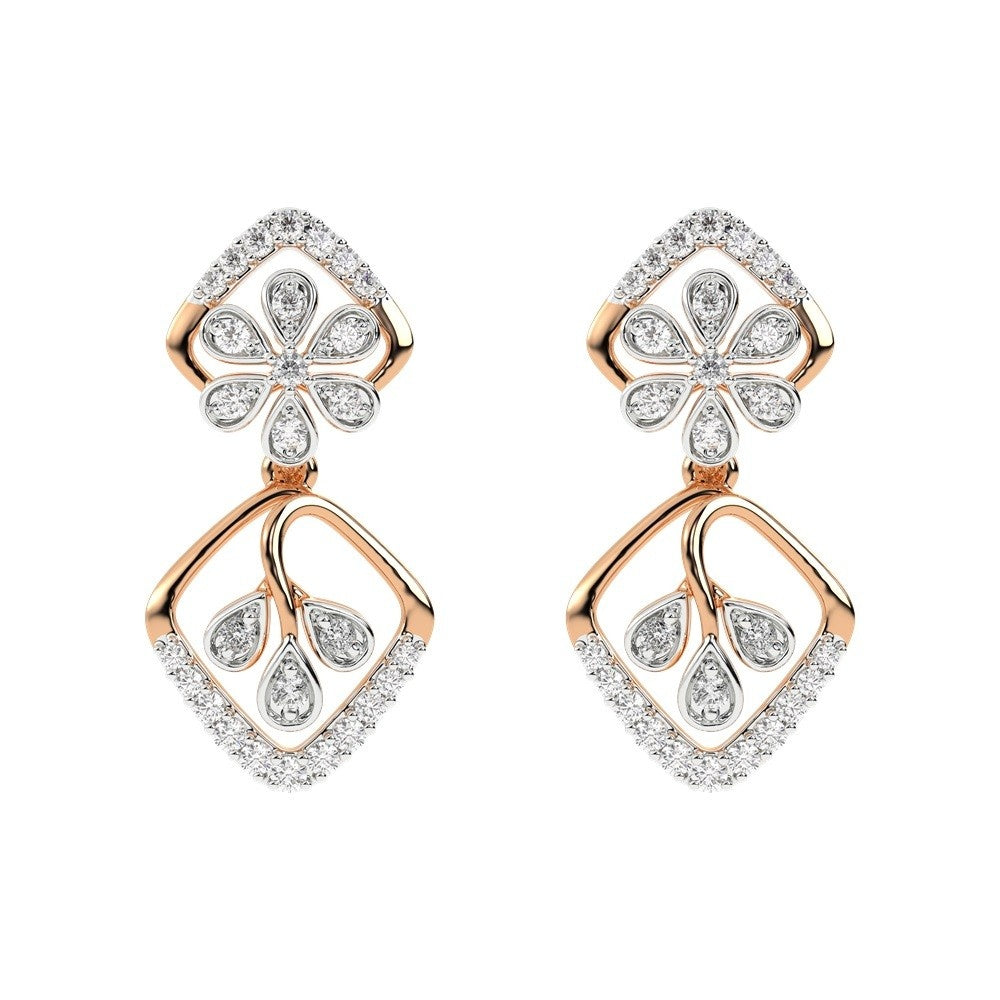 A pair of rose gold earrings with diamond accents, featuring a floral and geometric pattern on a white background.