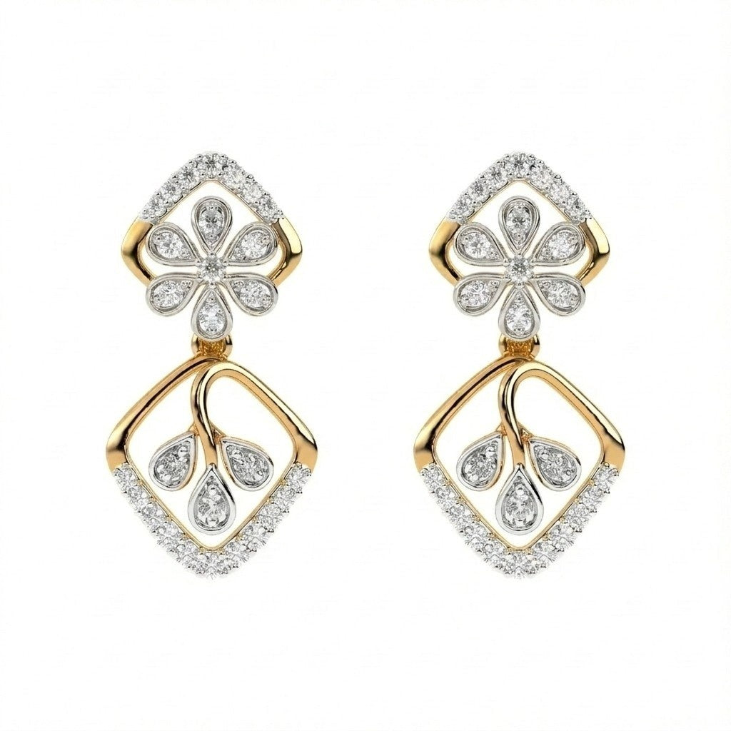A pair of yellow gold earrings with diamond accents, featuring a floral and geometric pattern on a white background.