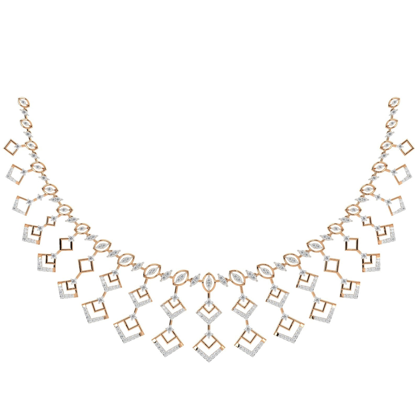 A rose gold and diamond statement necklace featuring geometric square drops, displayed against a plain white background.