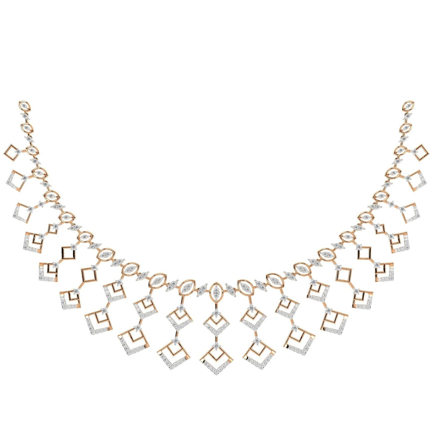 Rose gold and diamond necklace set on a white background.