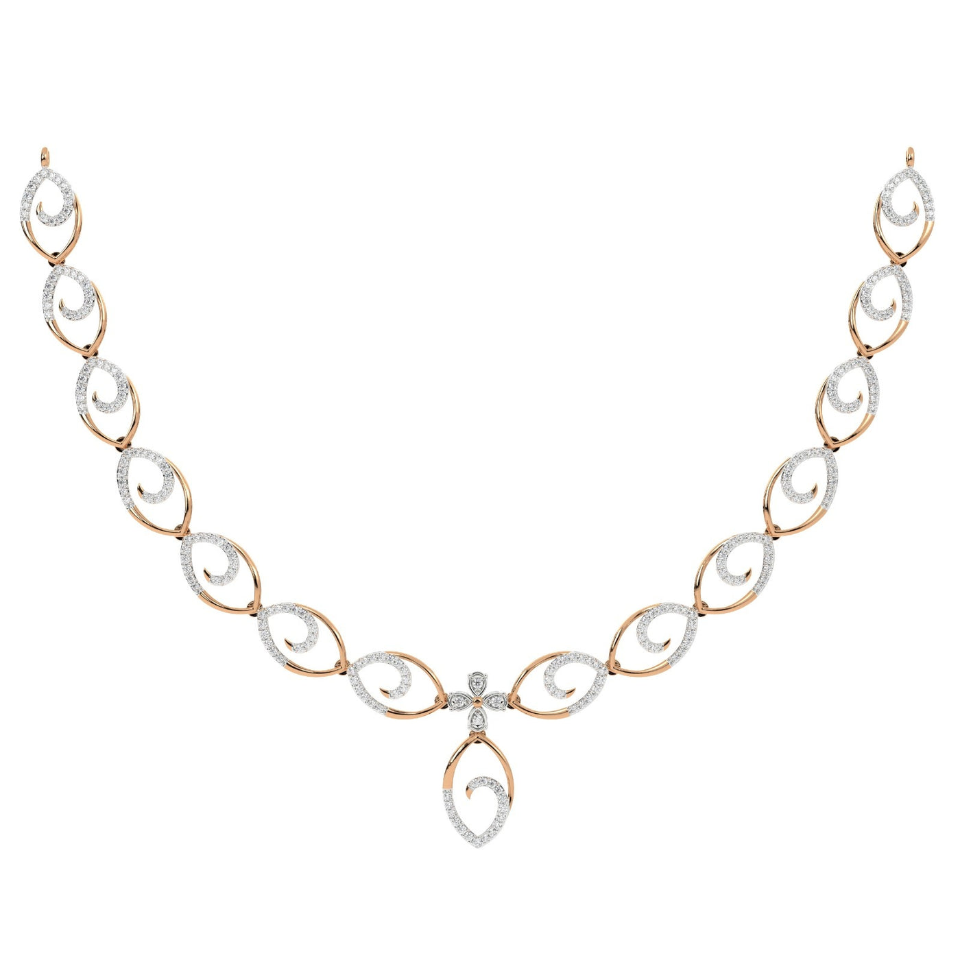 Elegant diamond necklace with rose gold and rose gold links on a white background
