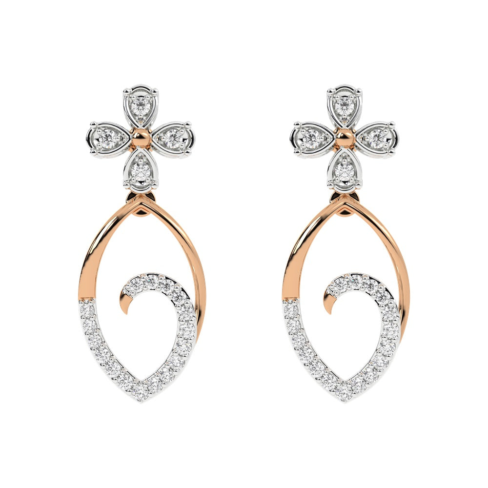 A pair of rose gold earrings with diamond accents, featuring a floral design on top and a teardrop shape with diamonds encircling the lower part.