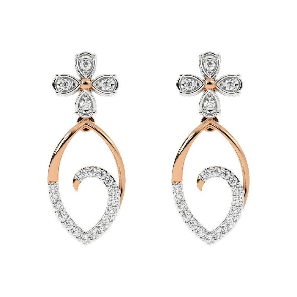 A pair of rose gold earrings with diamond accents, featuring a floral design on top and a teardrop shape with diamonds encircling the lower part.