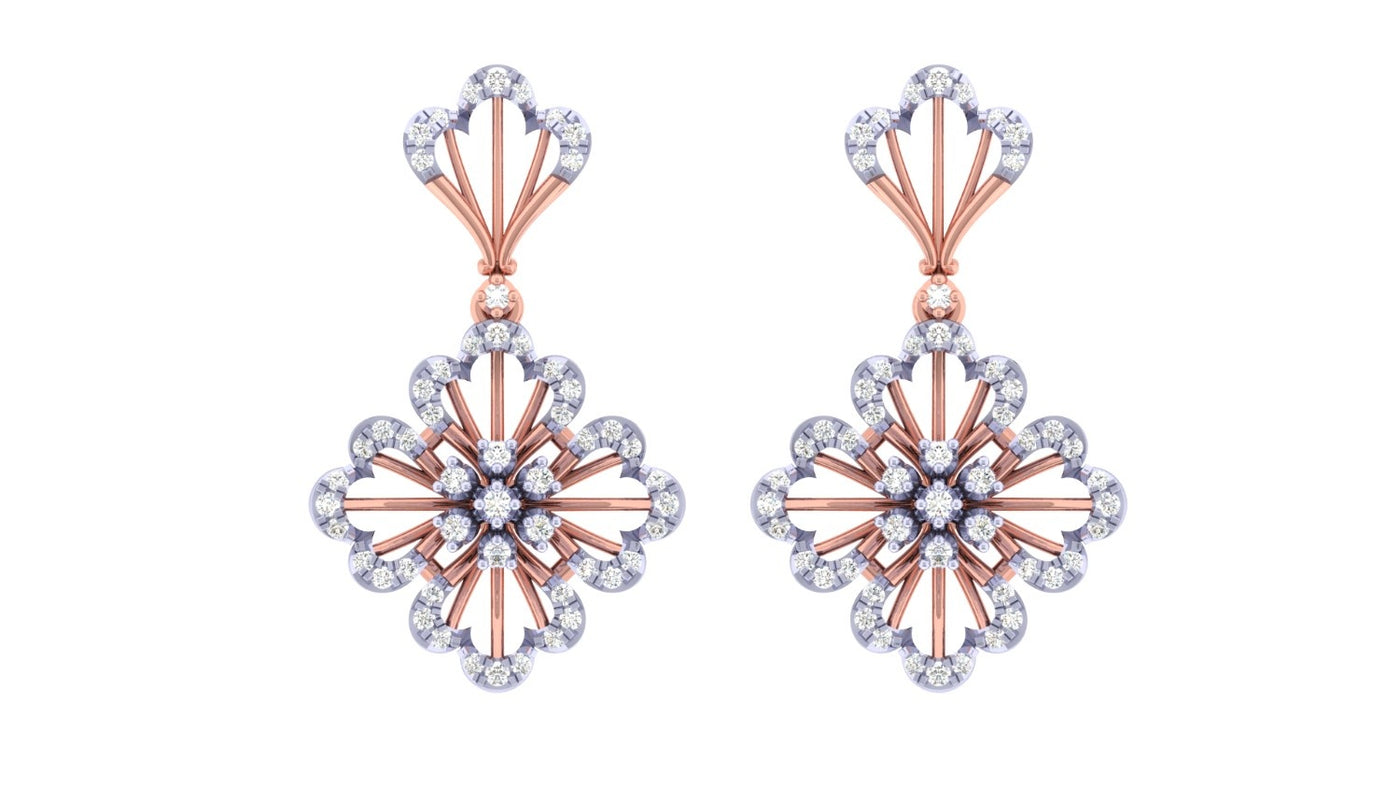 Rose gold and diamond snowflake-shaped earrings on a white background
