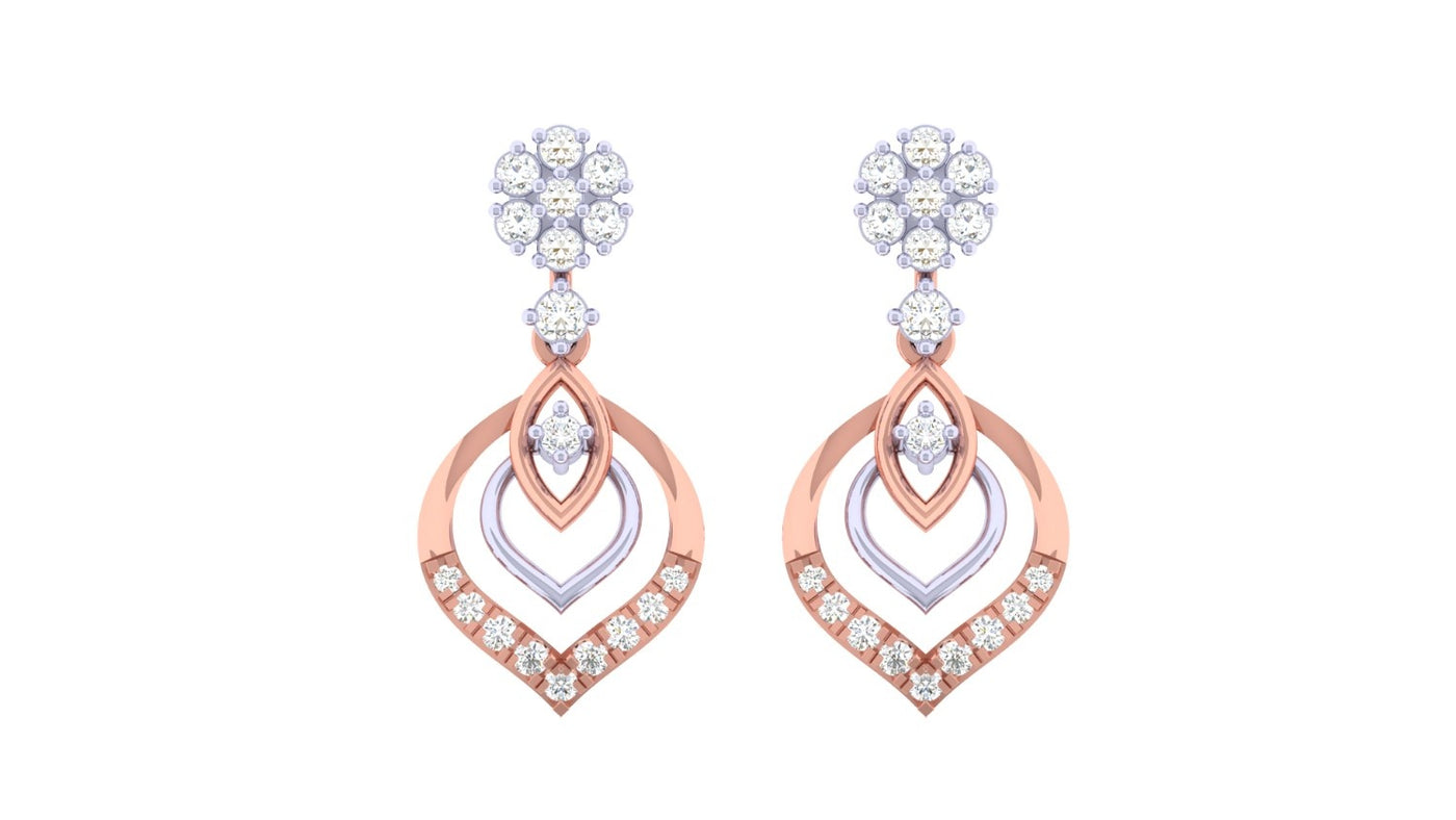 Pair of rose gold and diamond drop earrings on a white background