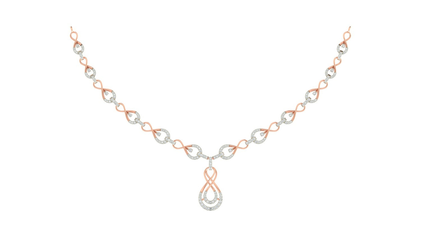 A rose gold and diamond with an infinity design, displayed on a clean white background.