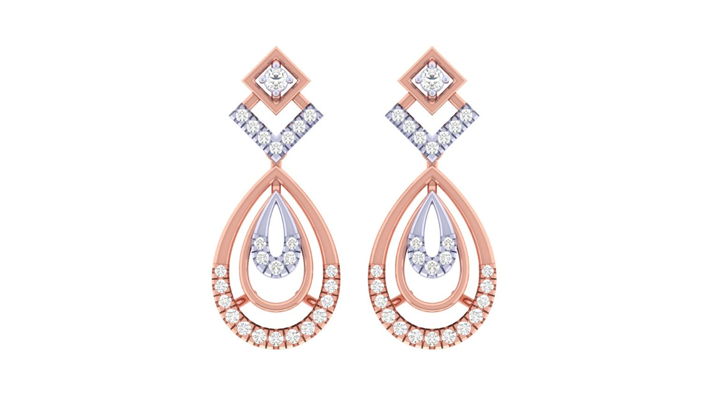 Rose gold and diamond drop earring with teardrop-shaped on a white background