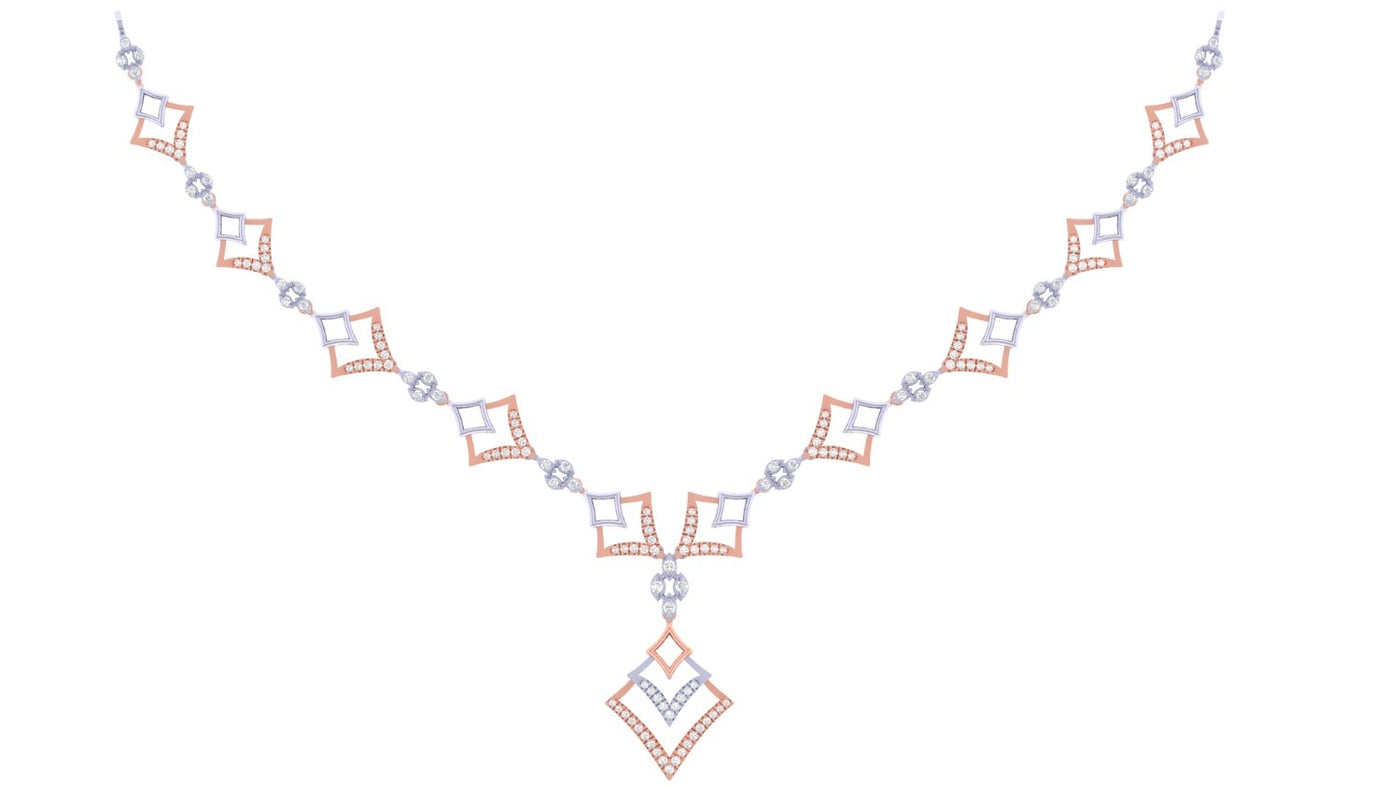 A rose gold and diamond necklace featuring a geometric diamond patterns, shown on a plain white background.