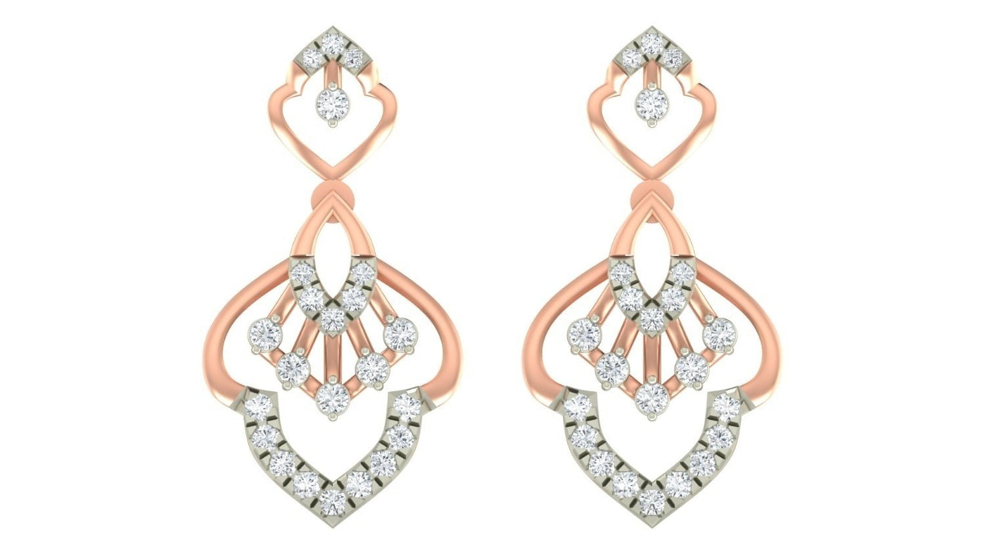 A pair of rose gold and white gold drop earrings with diamonds, displayed on a solid white background.