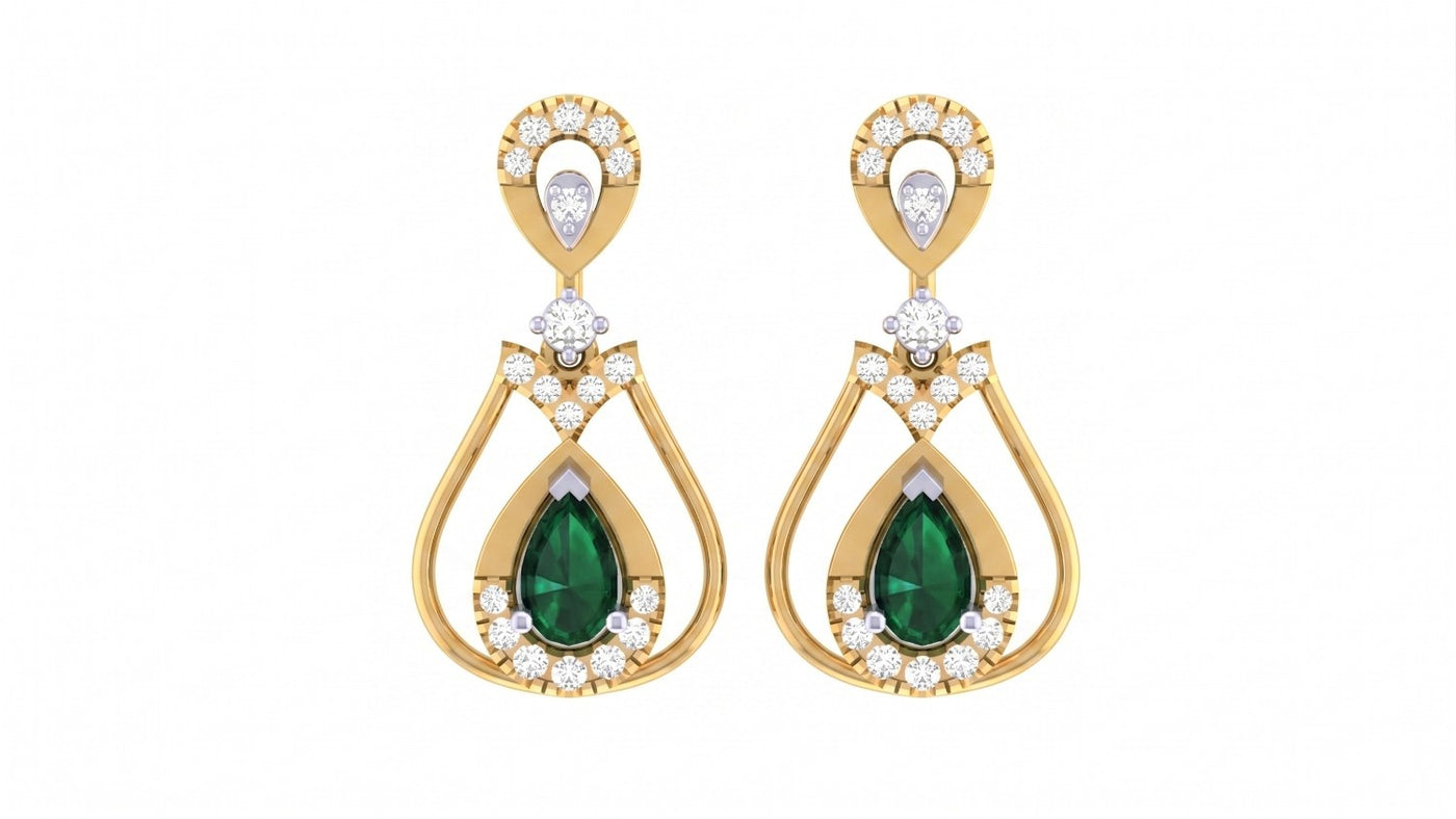 Yellow gold and diamond drop earring with emerald gemstone on a white background.