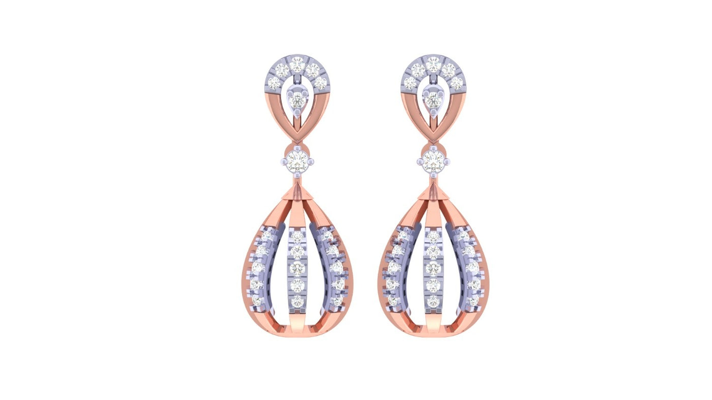 Rose gold and diamond drop earring with teardrop-design on a white background.