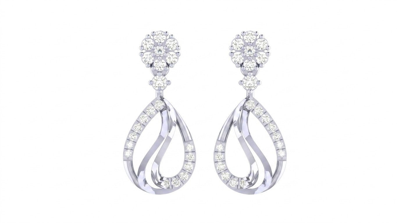 White gold and diamond teardrop-shaped earrings on a white background