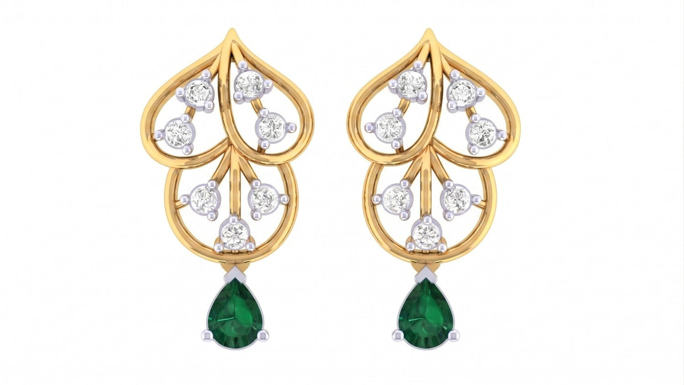 Yellow gold and diamond drop earring with emerald gemstone on a white background.