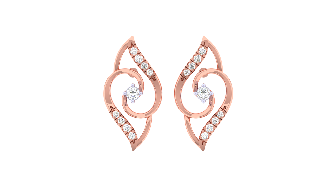 Rose gold earrings with diamond accents on a white background