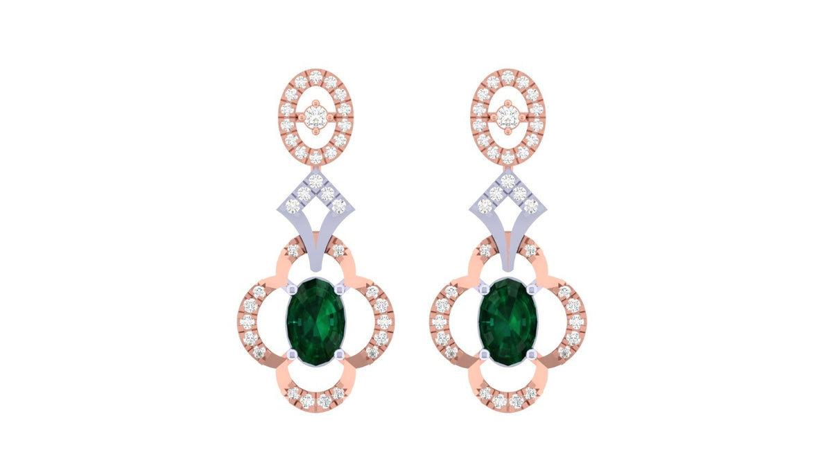 Pair of rose gold and diamond earrings with green gemstones on a white background.