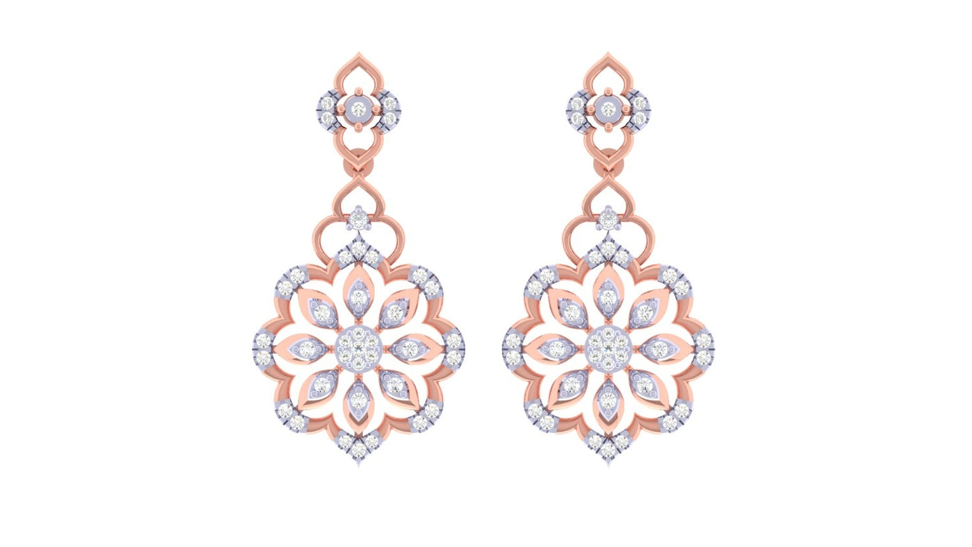 Rose gold and diamond floral earrings on a white background
