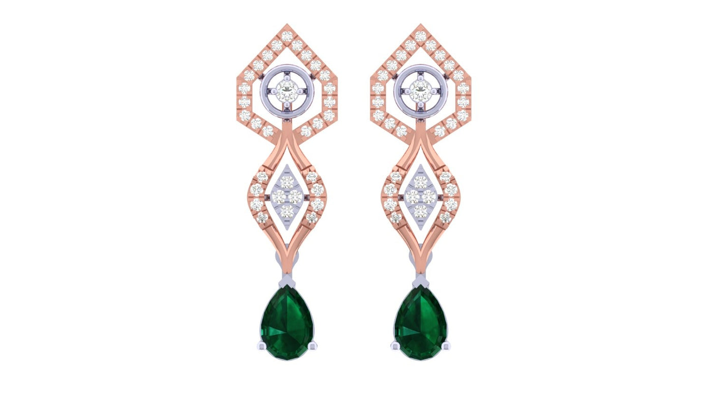 Rose gold and diamond earrings with green gemstones on a white background