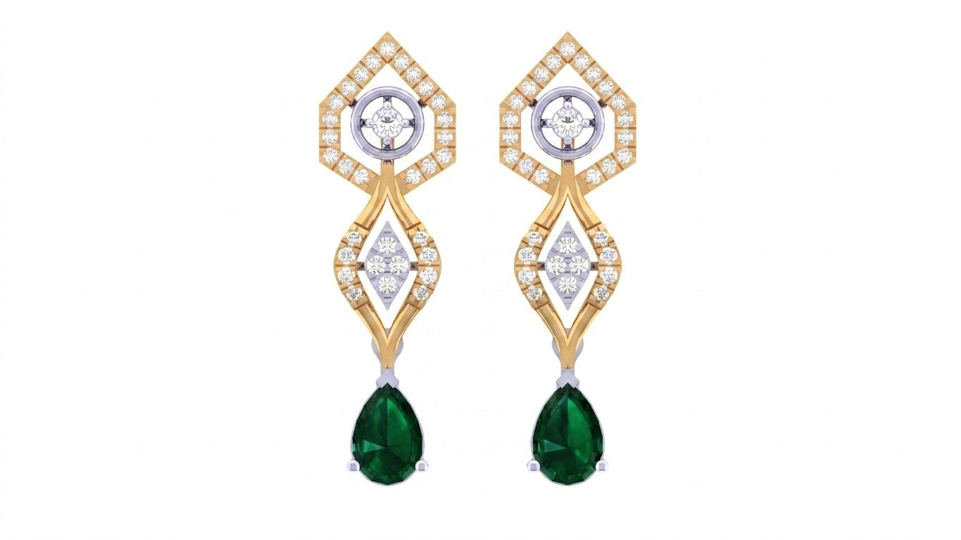 Yellow gold and diamond earrings with green gemstones on a white background