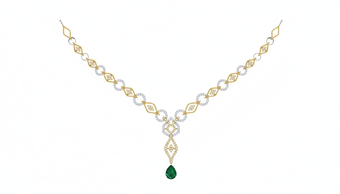 Yellow gold and diamond necklace with a green gemstone on a white background