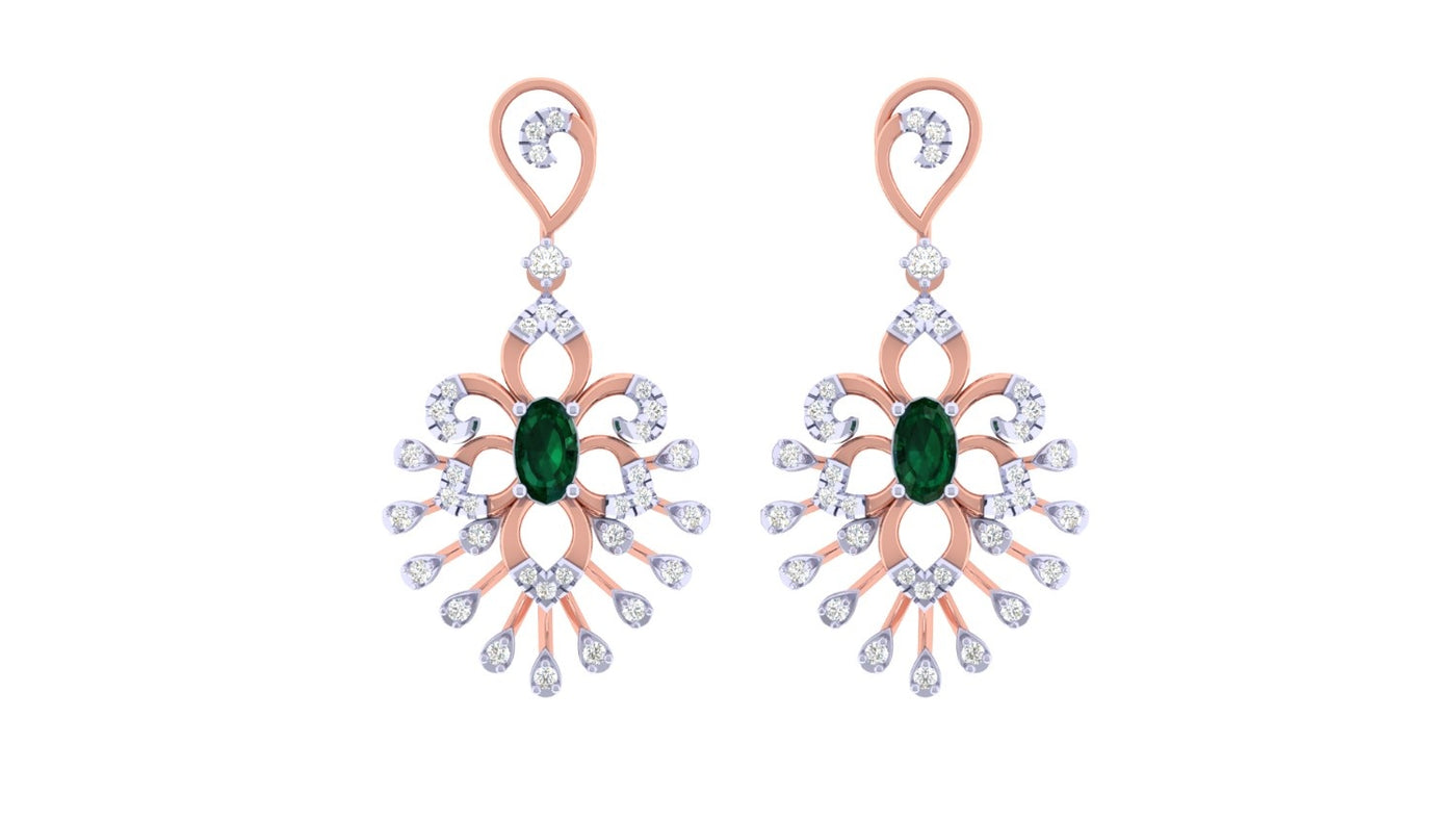 Rose gold and diamond drop earrings with gemstones on a white background