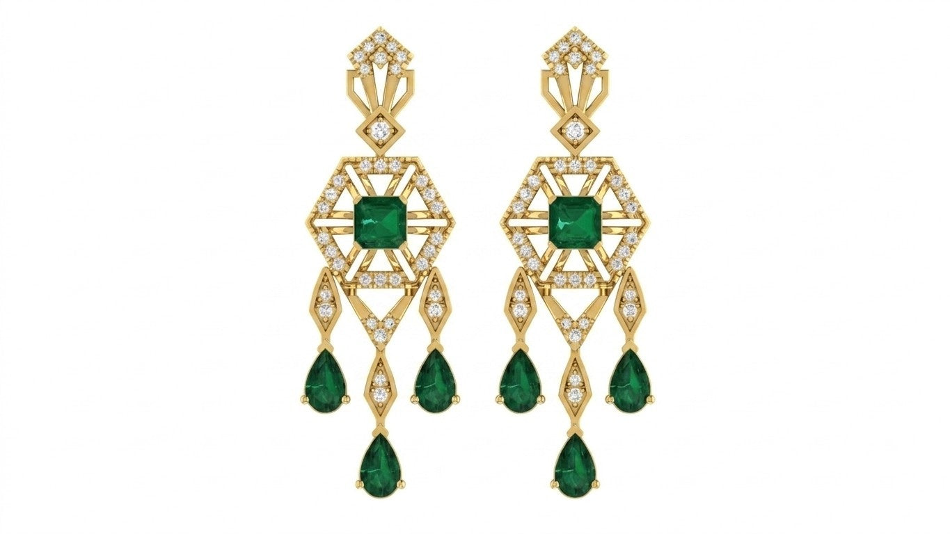 A pair of yellow gold chandelier earrings featuring green emerald-cut gemstones, shown against a plain white background.