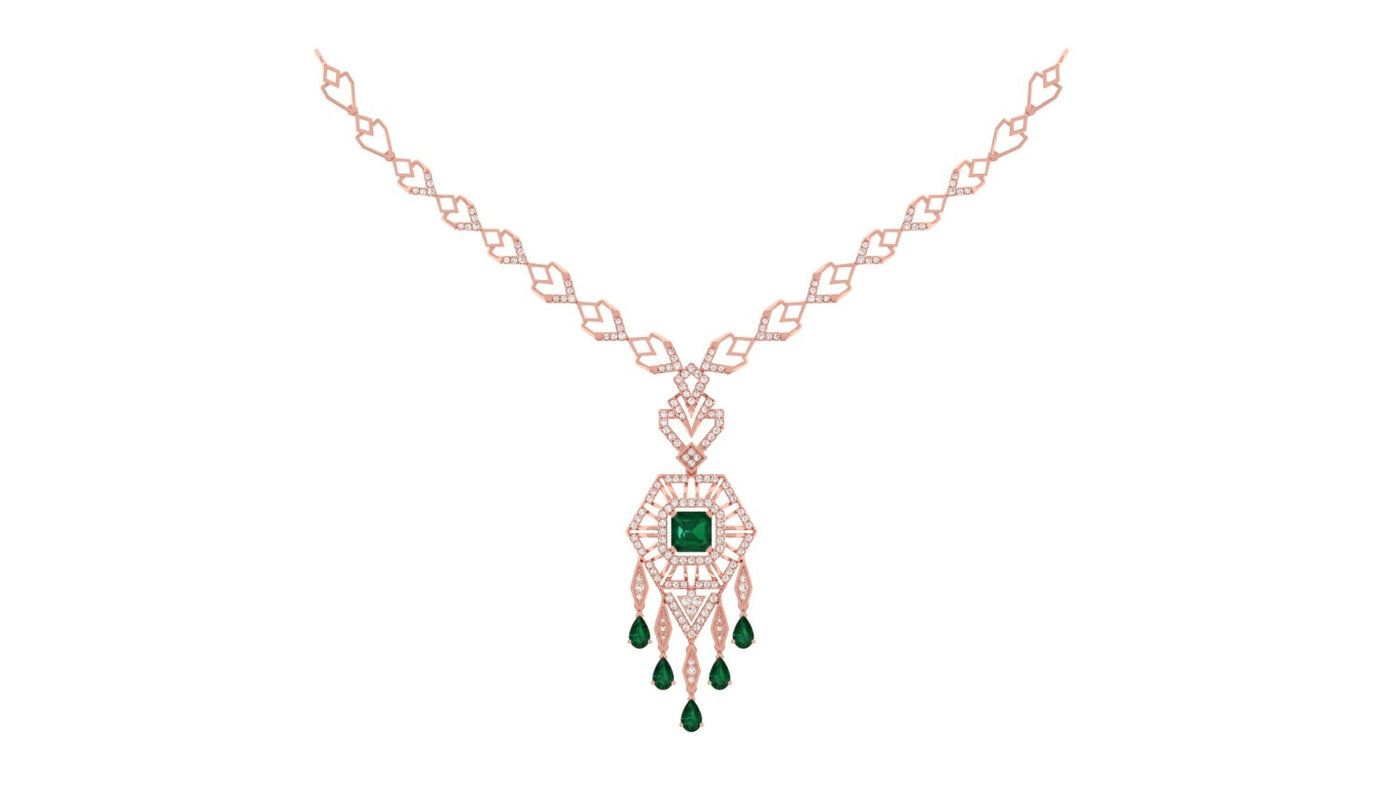 A rose gold and diamond necklace featuring a central green emerald, set against a plain white background.