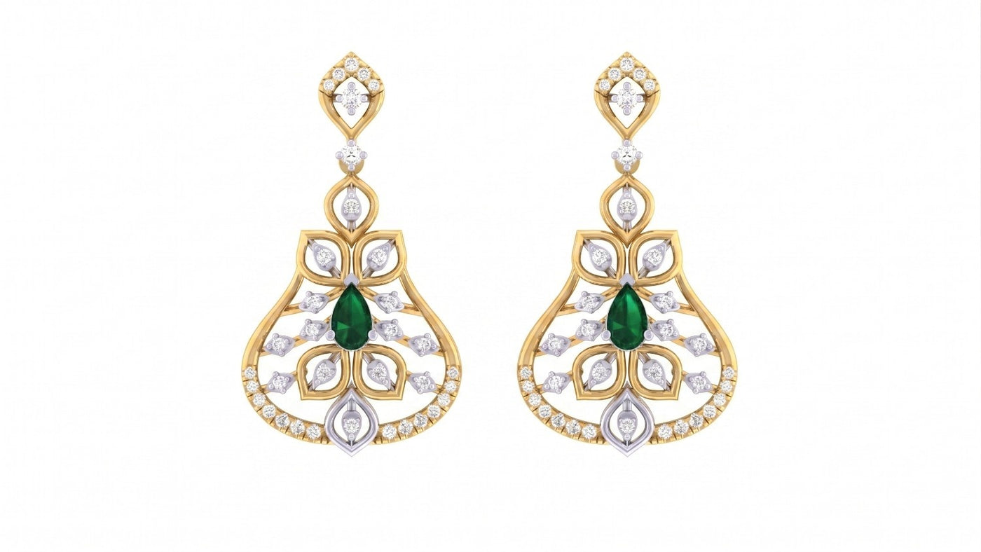 Yellow gold and diamond earrings with clear gemstones on a white background