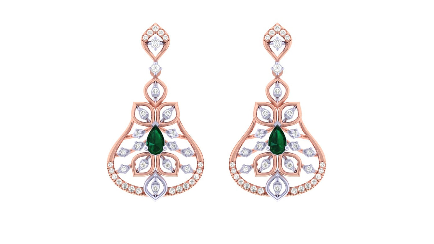 Rose gold and diamond earrings with clear gemstones on a white background.