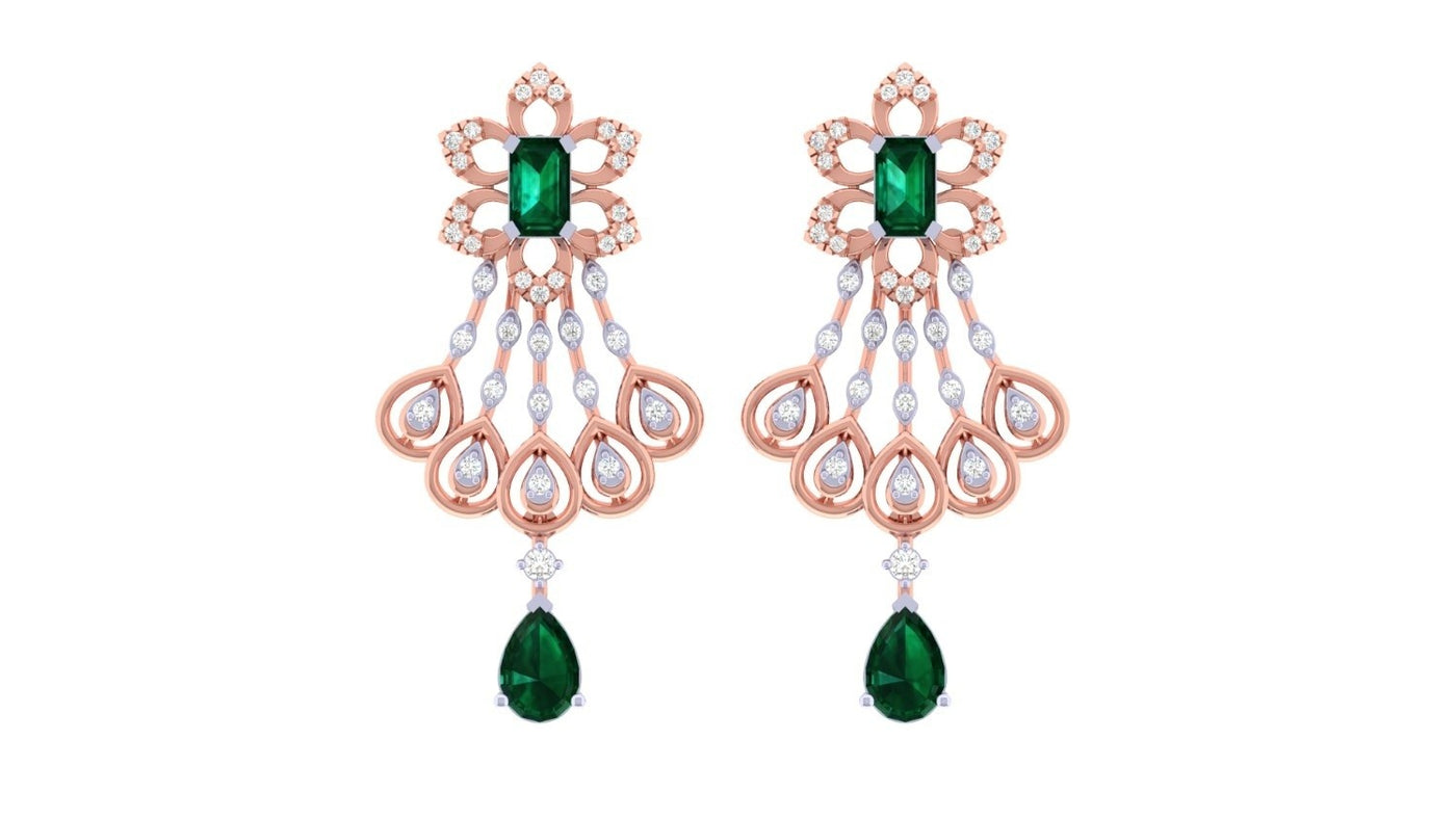 Pair of chandelier rose gold earrings with green gemstones on a white background.