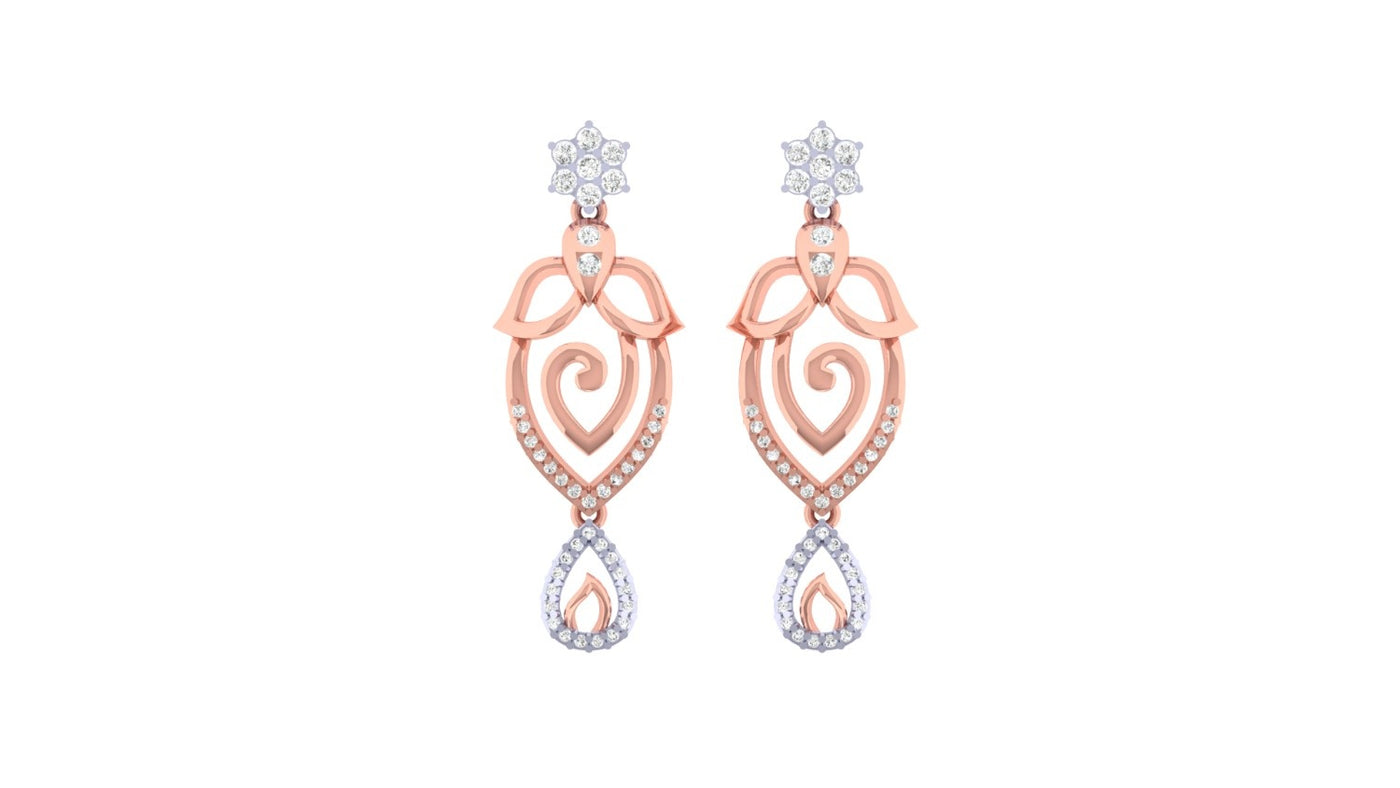 Pair of rose gold and diamond earrings with intricate designs on a white background.