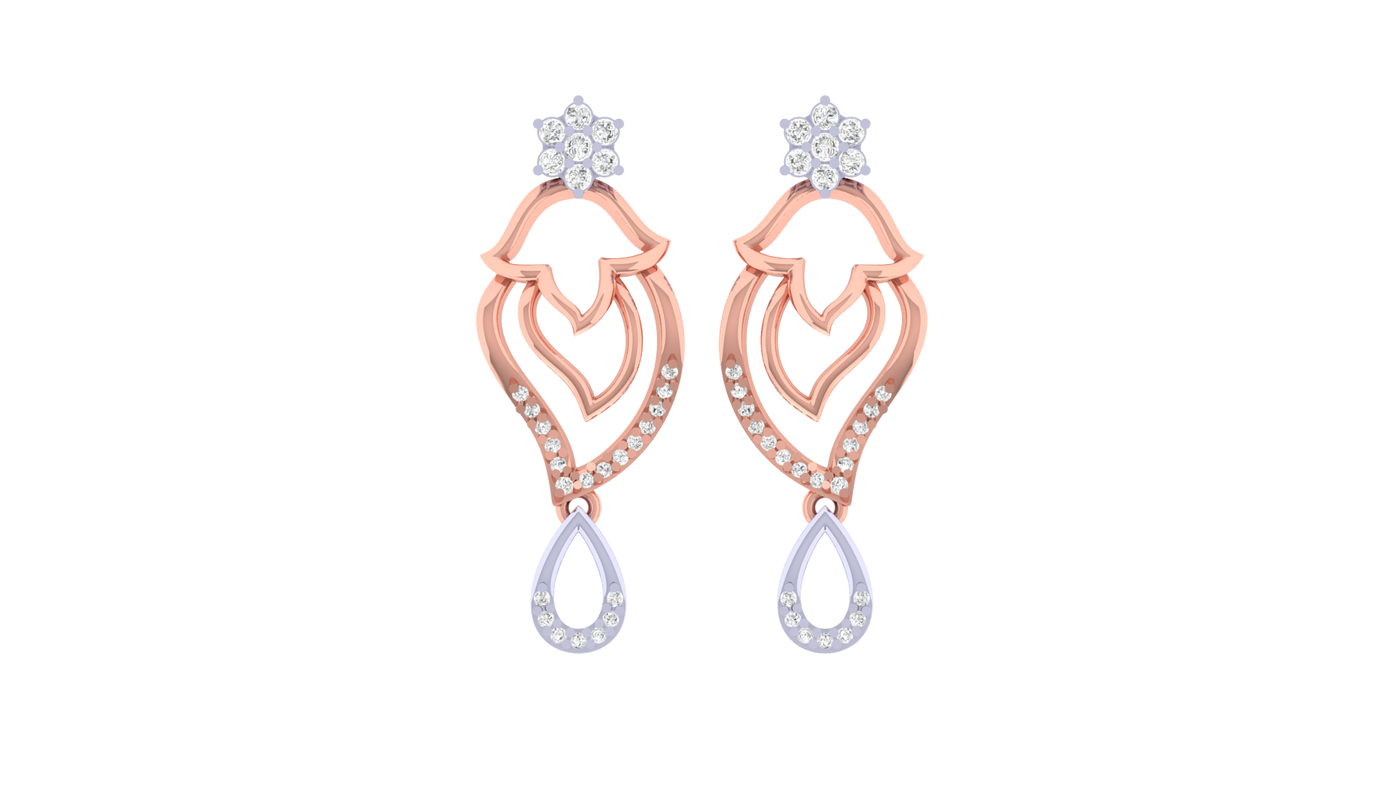 Rose gold and diamond earrings with teardrop design on a white background