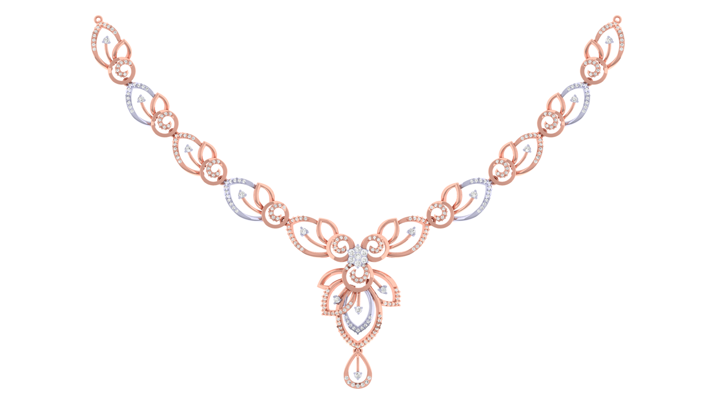Ornate necklace with floral designs on a white background