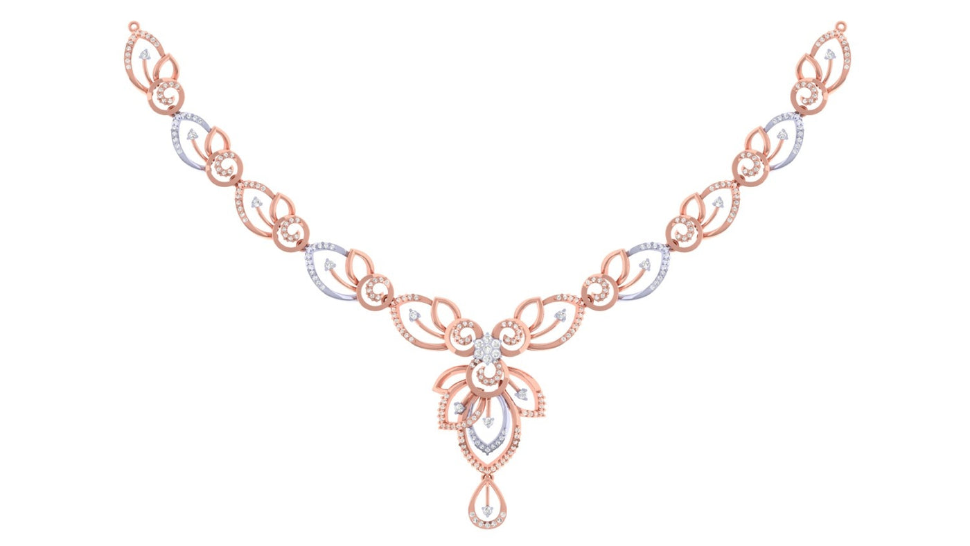 A rose gold and diamond necklace with a central floral, displayed on a clean white background.