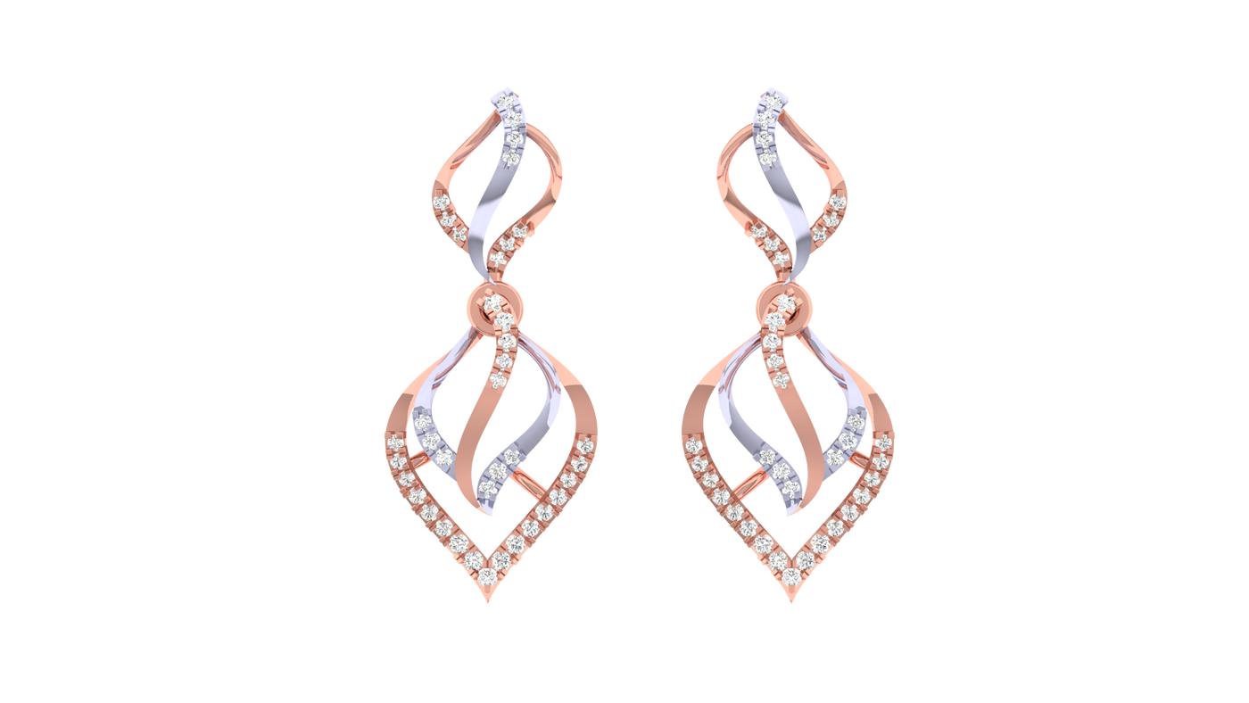 Pair of rose gold and diamond earrings on a white background