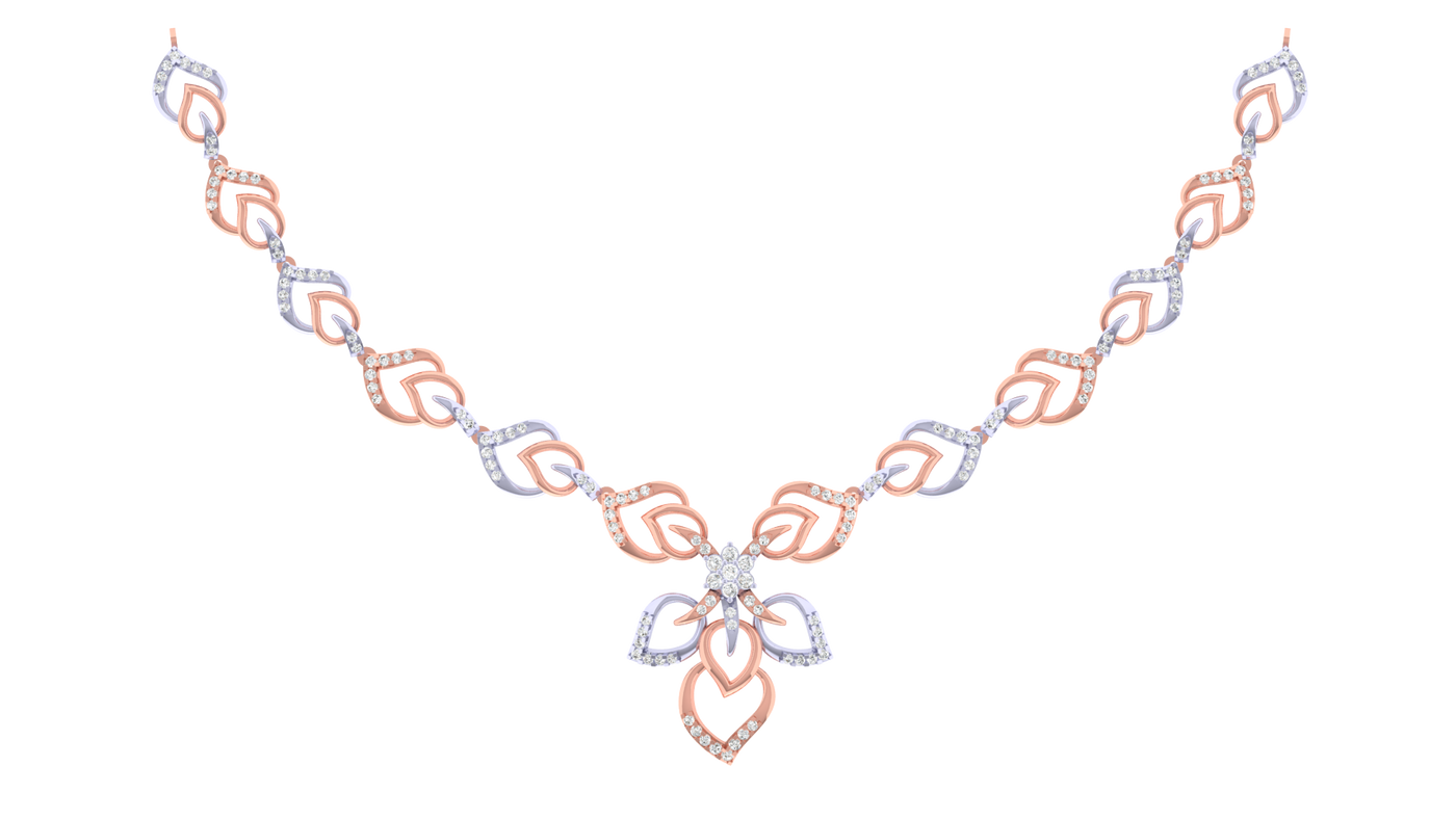 Necklace with rose gold and diamond design on a white background