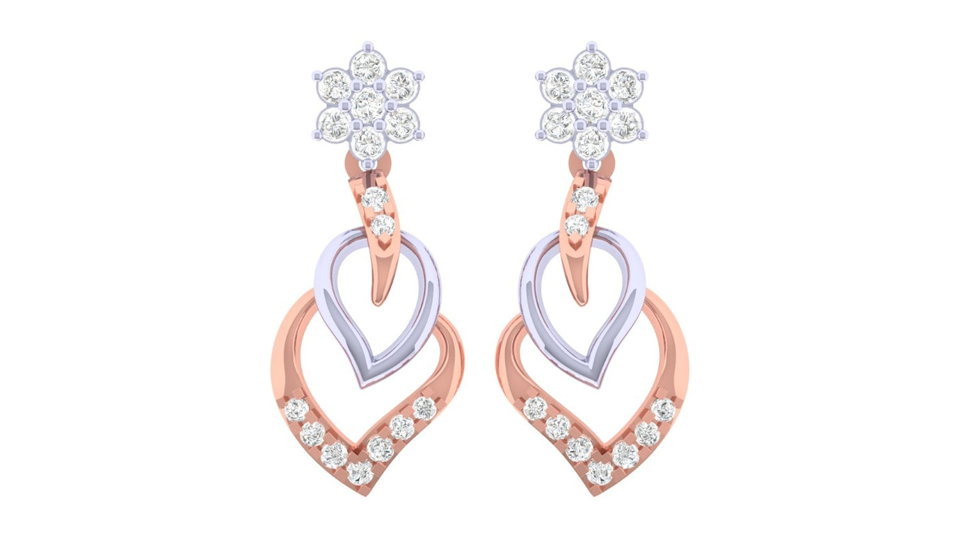 Pair of rose gold and diamond dangler earrings on a white background.