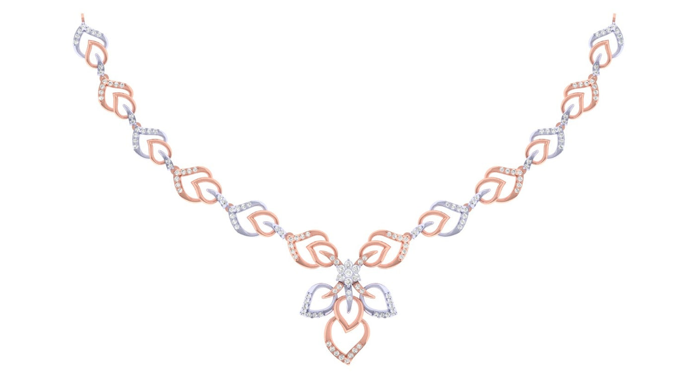 A rose gold and diamond necklace with floral shaped, displayed on a clean white background.