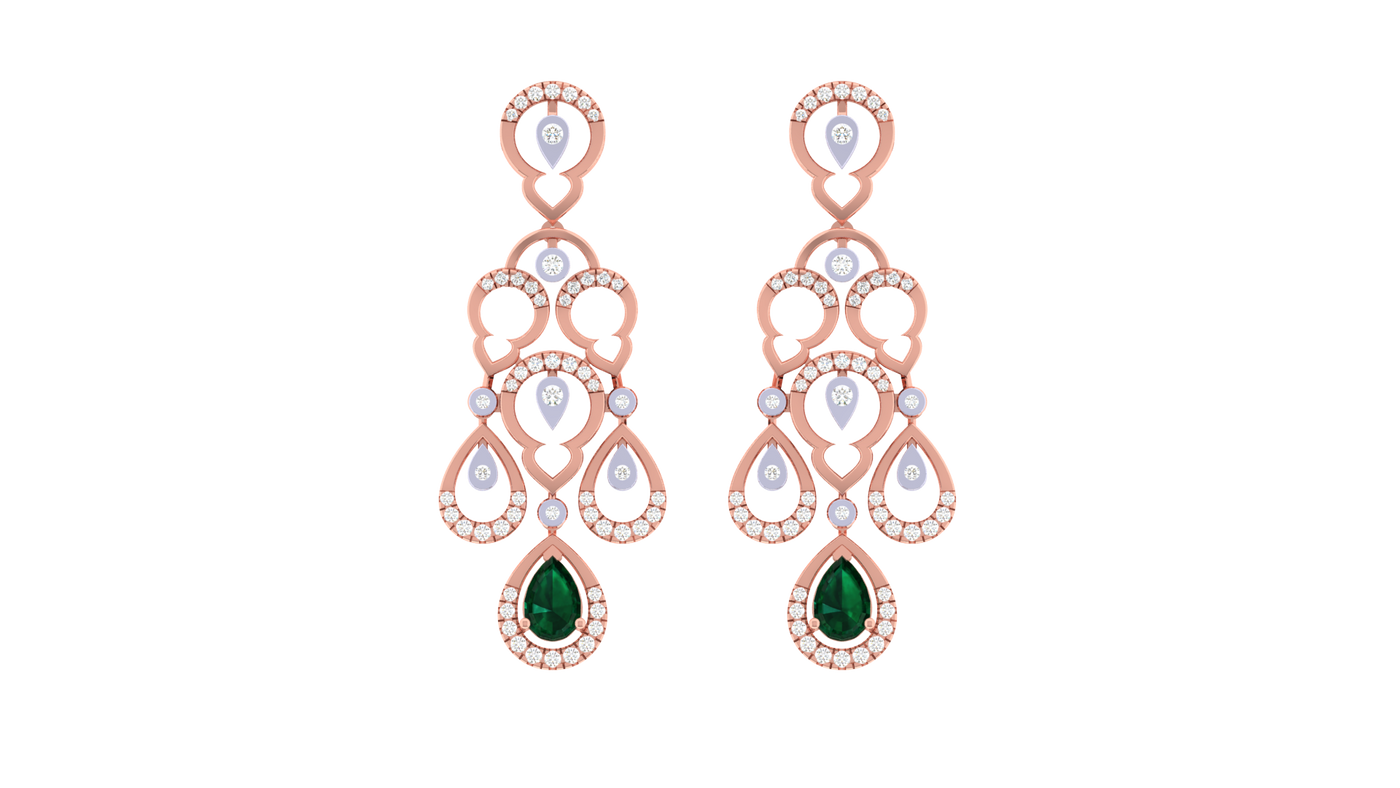 Rose gold chandelier earrings with emerald and diamond accents on a white background