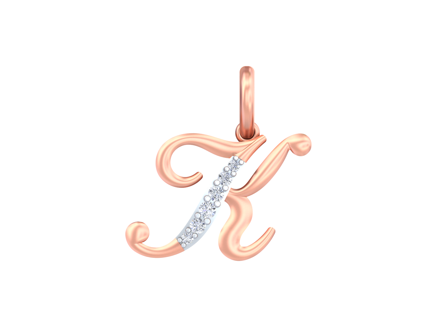 Rose gold pendant with letter 'K' design on a white background