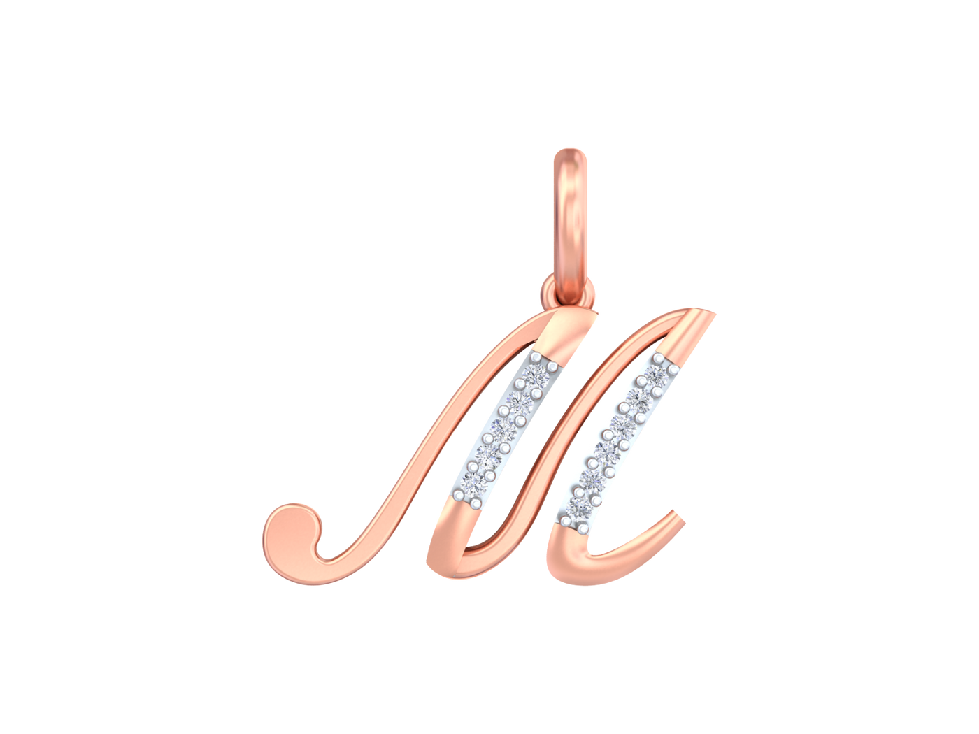 Rose gold pendant with letter 'M' design on a white background