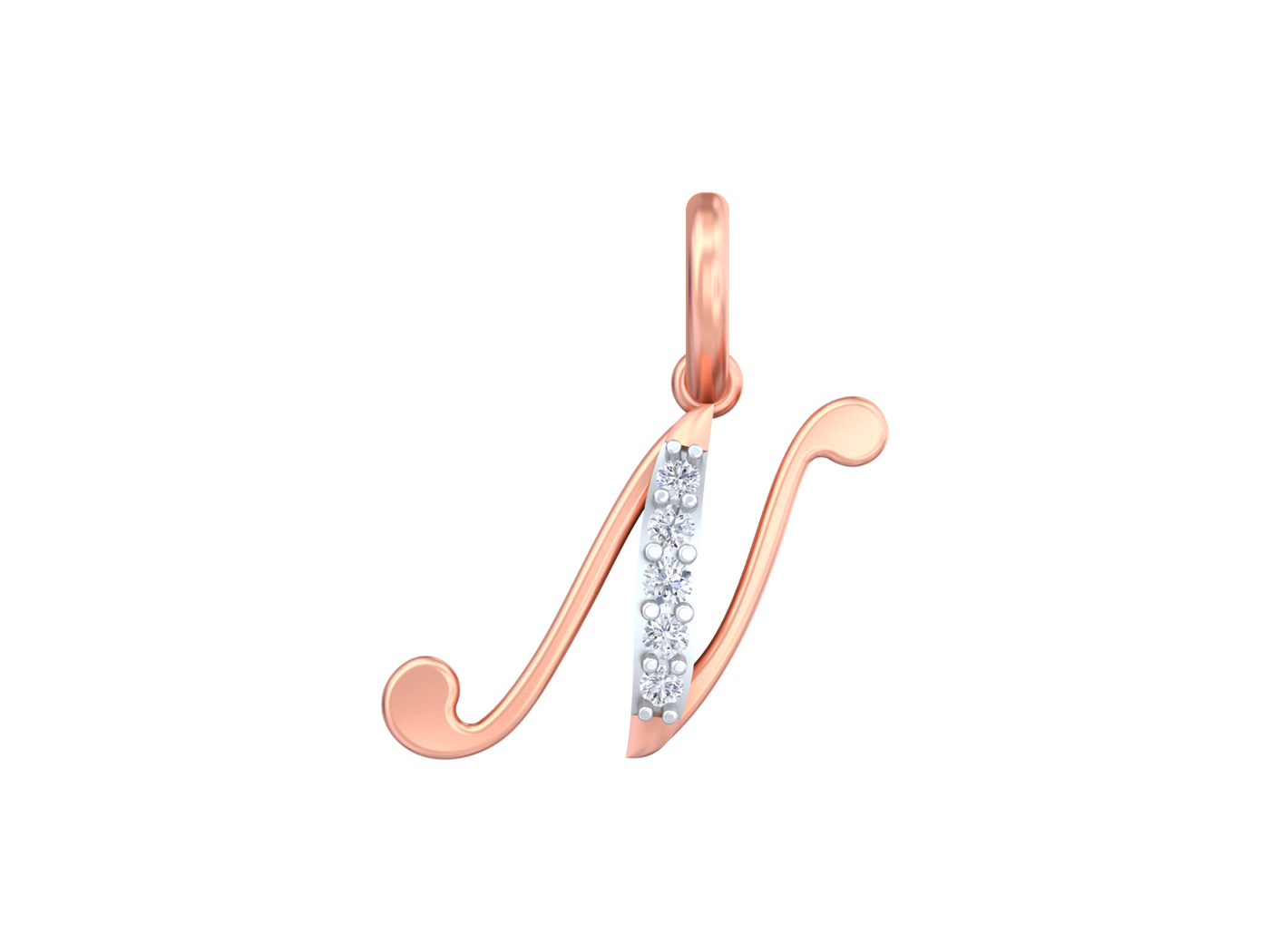 Rose gold pendant with 'N' letter and embedded diamonds on a white background